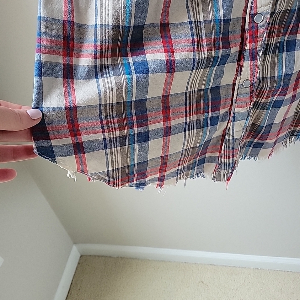 Alessandro Miele Womens Medium Plaid Shirt Dress 3/4 Sleeves Frayed Curved Hem - Picture 9 of 12